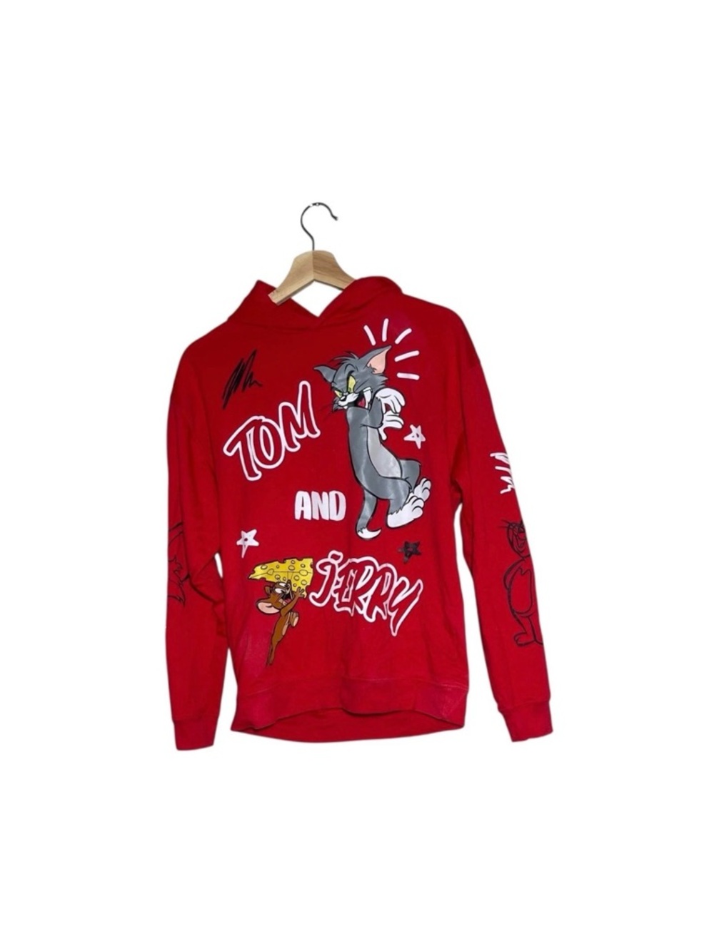 Tom and Jerry Hoodie Red Graphic Cartoon Y2K Nostalgia Women Small Front Print